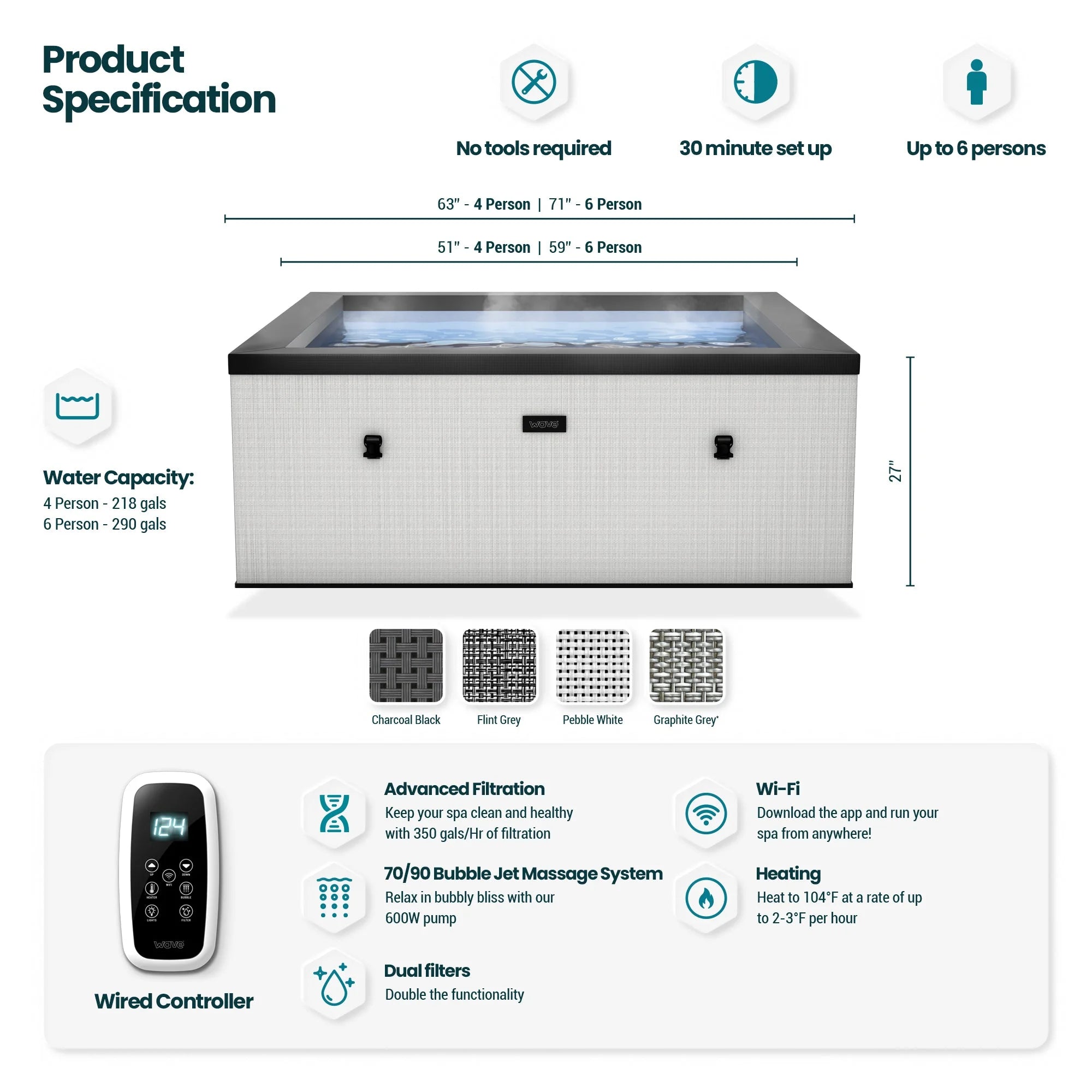 Garda | 4-Person Eco Foam Hot Tub | Integrated Heater | Graphite Gray