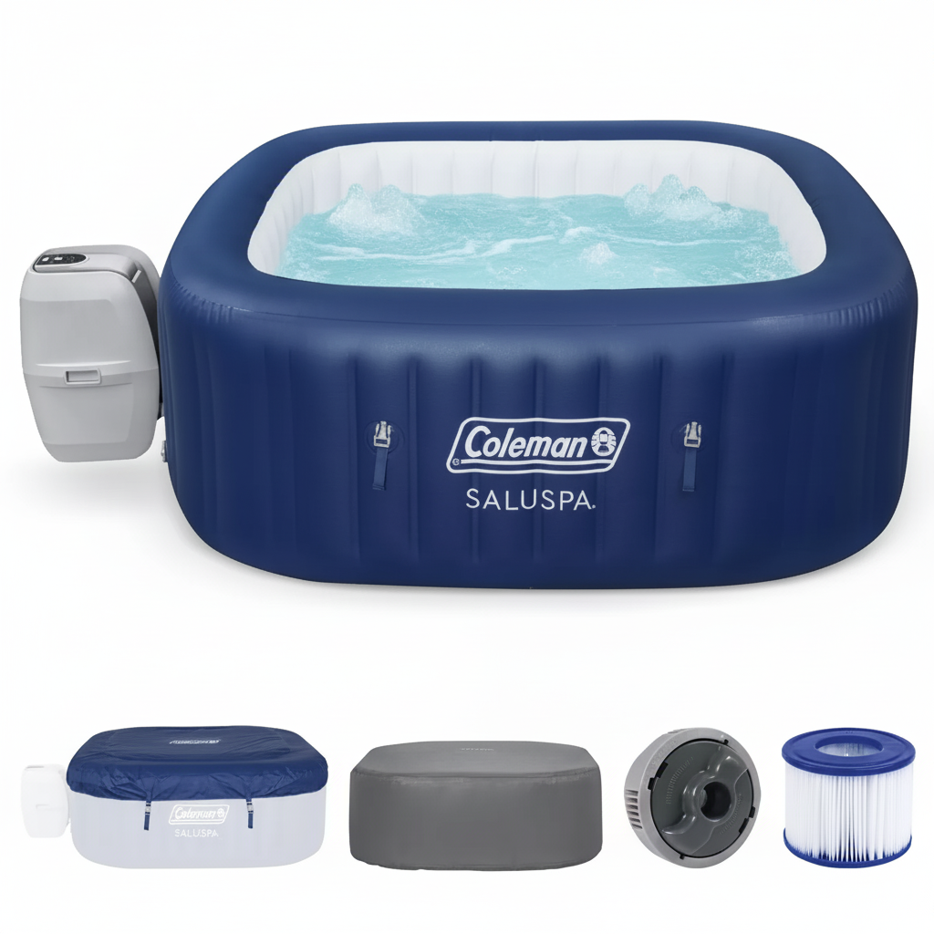 Coleman Atlantis Airjet Large Square 4 to 6 Person Inflatable Hot Tub Portable Outdoor Spa with 140 Airjets and Energysense Cover, Blue