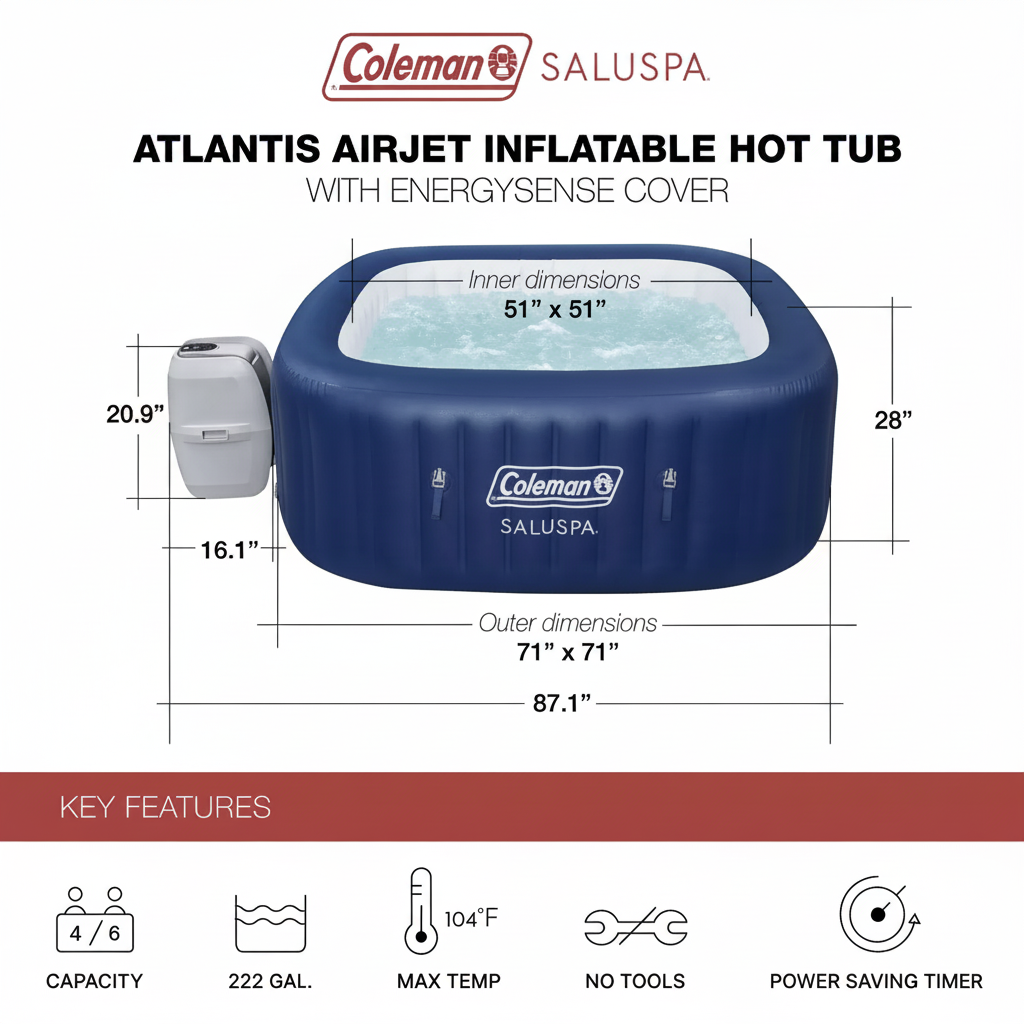 Coleman Atlantis Airjet Large Square 4 to 6 Person Inflatable Hot Tub Portable Outdoor Spa with 140 Airjets and Energysense Cover, Blue