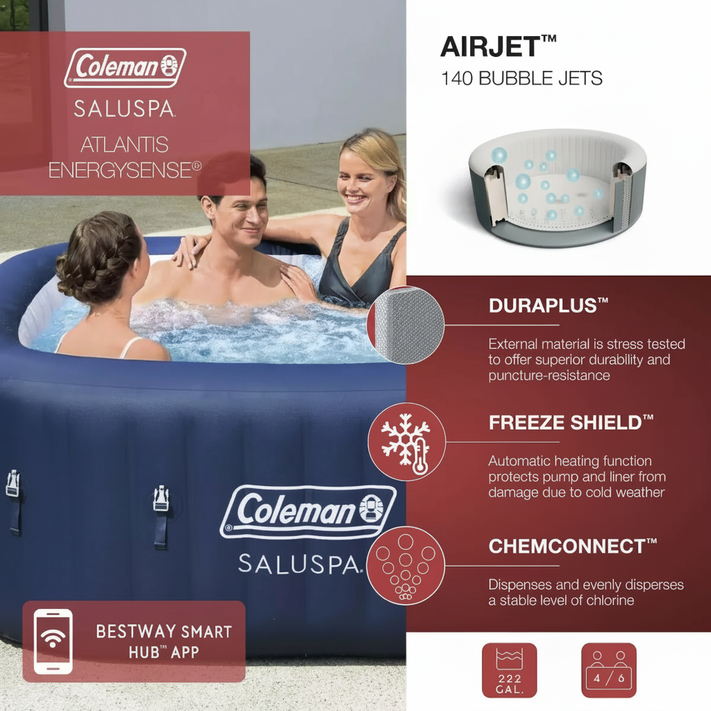 Coleman Atlantis Airjet Large Square 4 to 6 Person Inflatable Hot Tub Portable Outdoor Spa with 140 Airjets and Energysense Cover, Blue